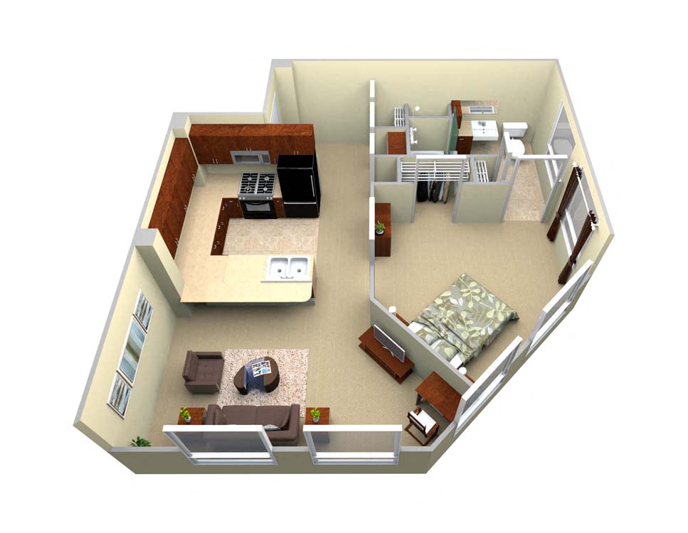 Floor plan for 1 bed, 1 bath, 487 sqft
